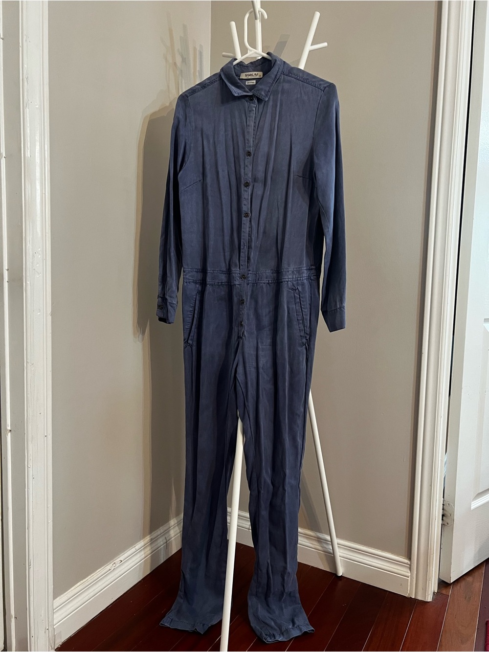 Denim Button-Front Long-Sleeve Jumpsuit - Picture 7 of 10